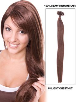 50 Piece Straight Nail Tip/U Tip Remy Hair Extensions Light Chestnut(#8) - Zever Hair