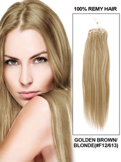 Remy Micro Loop Hair Extensions 100 Strands Silky Straight Golden Brown/Blonde(#F12/613) - Zever Hair