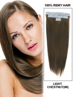 Remy Tape In Hair Extensions 20 Piece Silky Straight Light Chestnut(#8) - Zever Hair